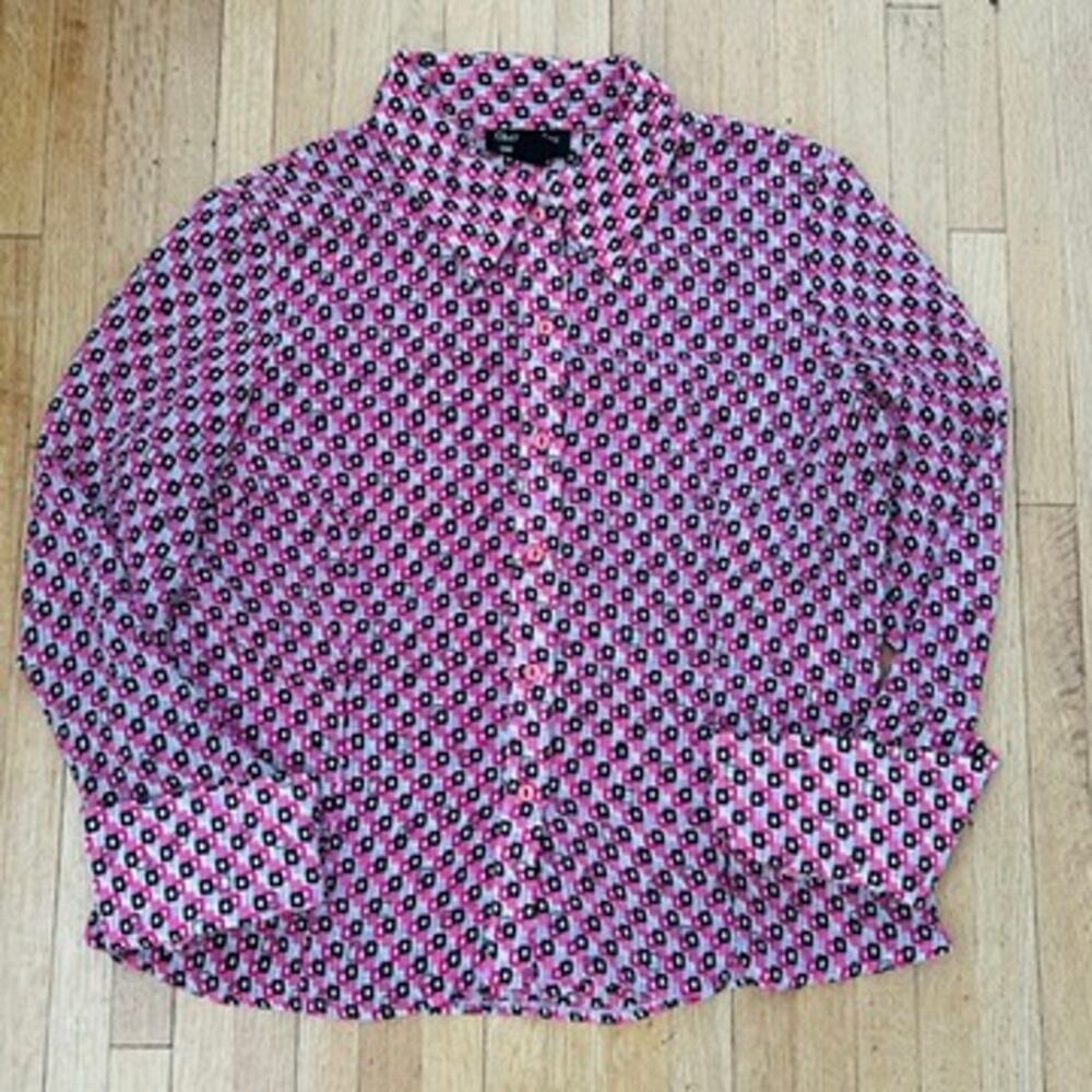 Vintage 70s Mod Blouse Pink Geometric Point Collar Semi Sheer Sz L Chapter One